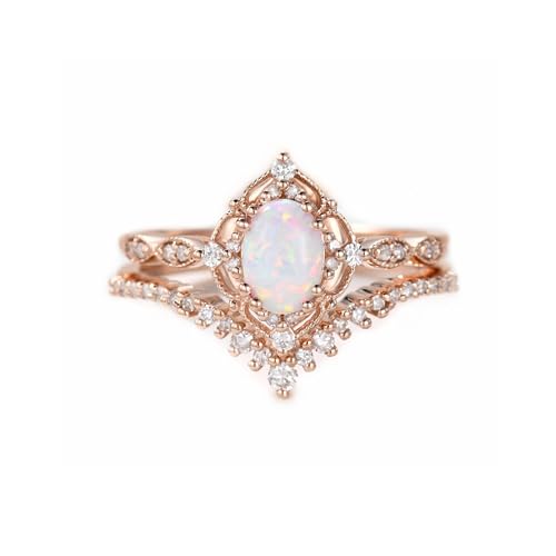 Vintage Opal Bridal Ring Set Art Deco 0.75ct Oval Opal Engagement Ring Set for Women S925 10k 14k 18k Rose Gold Moissanite Wedding Ring Set 2Pcs Anniversary Ring Gift for Her Free Engraved
