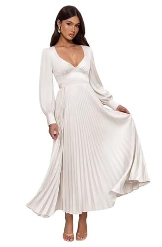 Long Sleeve Bridesmaid Dresses for Women Pleated Satin V-Neck Midi Prom Dress A-Line Maxi Formal Evening Party Gowns