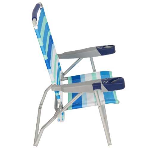 Image of Rio Brands 4-Position Extended-Height Beach Chair, Blue /Green /White, 2-Pack | 15 in Seat Height, Cushioned Headrest, Cup Holder, Cell Phone Slot, Bottle Opener, Carry Strap, Aluminum Frame, Foldable