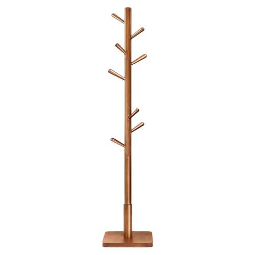 VASAGLE Solid Wood Coat Rack, Free Standing Hall Coat Tree with 8 Hooks, 3 Height Options, for Coats, Hats, Bags, Purses, for Entryway, Hallway, Rubberwood Hooks and Pole, Dark Walnut URCR010W01