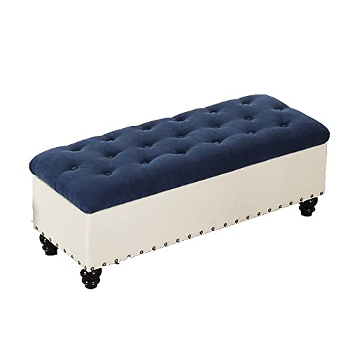 Pouf Moderne en Coton et Lin Bleu 100x45x45 cm avec Coffre de Rangement Intégré