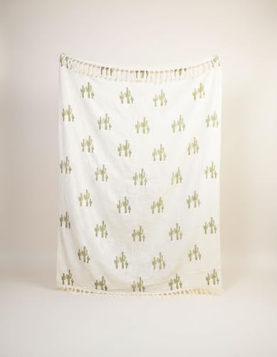 Image of Handmade Cotton Jute Sofa Throw Blanket (50x70 inch) with 2 pcs Cushion Cover (16x16 Inch) Couch & Bed Throws (Pack of 3, Cactus Print)
