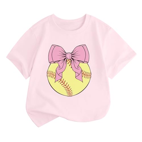 Oiiaayy Girls Softball Shirts Baseball Lovers Funny T Shirts Kids Cute Bow Graphic Tees Game Day Short Sleeve Tops(Pink 11-12 Years)