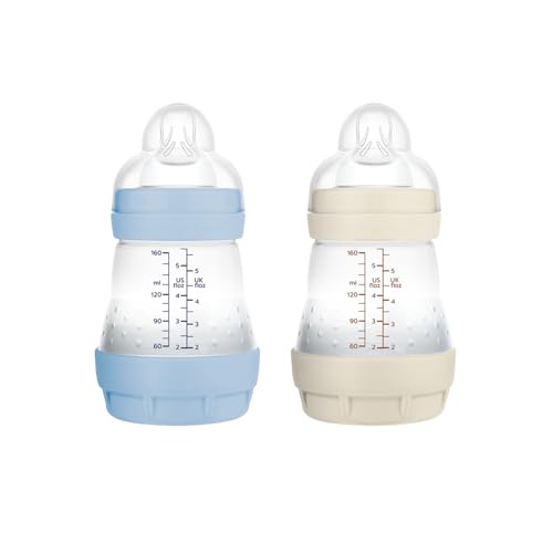 MAM Pack 2 Biberones Anticólicos, Recién Nacido, 0-2 Meses, 160ml, con Tetina 1 Flujo Lento de Fácil Aceptación, Autoesterilizable y Fácil de Limpiar, MAM Easy Start Anti-Colic, Azul y Neutro, 2uds