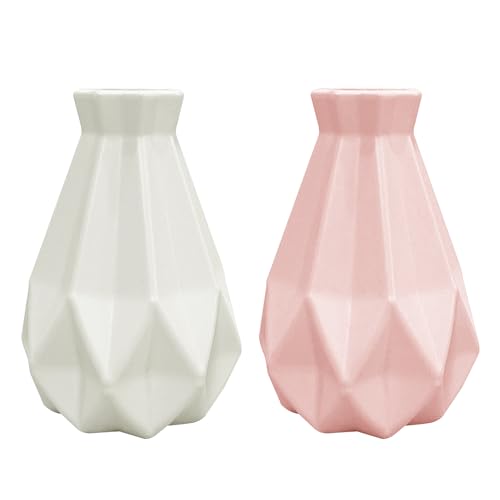 2 Jarrones Irregulares Blancos y Geométricos Rosados de Plástico - Adornos de Escritorio, Contenedores de Arreglos Florales Creativos Para la Decoración de la Oficina