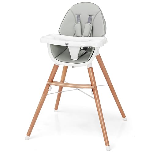 BABY JOY Baby High Chair, Wooden Highchair for Babies Infants w/Double 4-Gear Tray, Removable Seat Cushion & 5 Point Harness, Toddlers Baby Chair for Eating Feeding, Easy Maintenance (Grey)