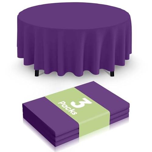 Image of Smiry Disposable Table Cloth 3 Pack, 84 Inch Round Waterproof Plastic Tablecloth, Decorative Round Table Covers for Party, Birthday, Picnic, Purple