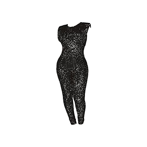 Women Sleeveless Sexy V Neck Sparkly Jumpsuits Sequin Clubwear Party Romper Metallic Shiny 2 Piece Outfits Jumpsuits (Black,Large) #TOP18