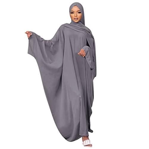 Muslim Dress for Women Pakistani Kaftan Abaya Robe + Hijab Arabic Islamic Prayer Clothes Dubai Outfits Grey Set