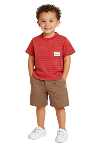 Image of DKNY Toddler Boys Short Sets - 2 Piece Knitted Crewneck T Shirt & Matching Fleece Toddler Shorts for Toddlers and Baby Boys