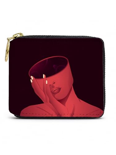Kalankit Cartera de piel auténtica para mujer con tarjetero de cuero vegano plegable para mujer, bolso de mano de arte abstracto con cierre de cremallera