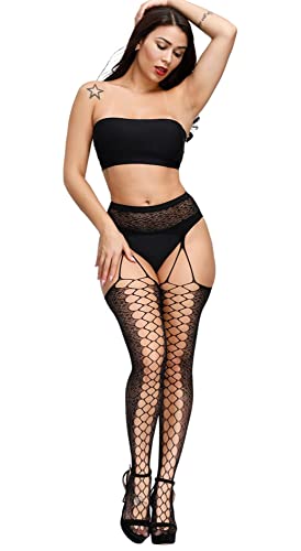 Image of Womens Suspender Pantyhose High Waist Fishnet Tights Fishnet Stockings Thigh High Stockings