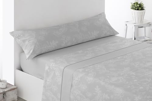 HaraDeco Juego de Sabanas 3 Piezas - Poliéster Microfibra Tacto Satén- Bajera, Encimera y 1 Funda de Almohada Larga, Estampada para Todas Estaciones (Onil Gris, Cama 90x190/200cm+28cm)