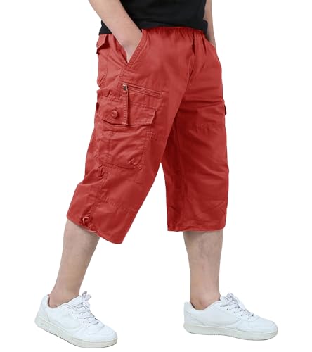 EKLENTSON Men's Cargo Shorts Casual Twill Elastic 3/4 Capri Pants Below Knee Long Shorts with 7 Pockets