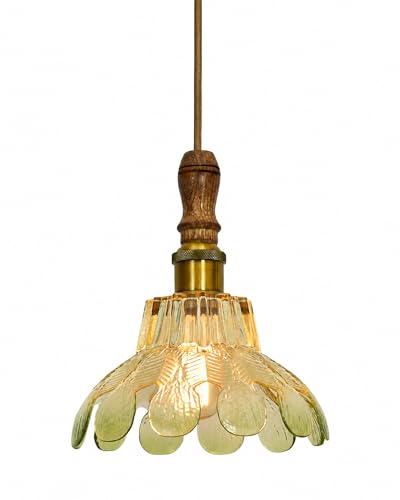 Image of Homesake Botanica Pendant Lamp | Petal Scalloped Glass Hanging Light with Solid Wood Top | Vintage European Ceiling Fixture, Pendant Light for Home Decor, Hallway, Foyer & Balcony, (Petal, Green)