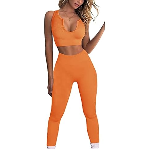 JN JANPRINT Conjunto de 2 piezas de entrenamiento para mujer, ajuste de yoga sin costuras, sujetador deportivo, cintura alta, leggings de gimnasio, chándal (naranja, L) Cover