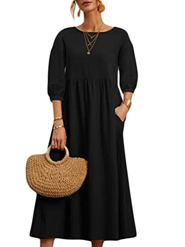 ORANDESIGNE Robe Tunique Femme Fluide Chic et Elegant Longue Droite Swing Robe Plage Bohème Ample Robe Tee Shirt avec Poche Robe Casual Décontractée D'été A Noir XXL