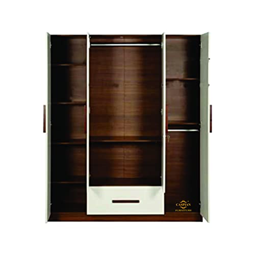 Image of CASPIAN Engineered Wood 4 Door Wardrobe (White & Brown) | Furniture with Dressing Mirror & Hanging Spaces | Cupboard /Almirah for Bedroom Clothes Storage Organizer | with Drawer & 8 Shelves