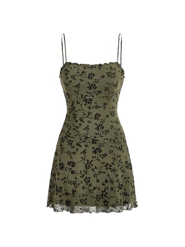 Verdusa Women's Mini Dress Floral Spaghetti Strap Mesh Dresses Going Out Festival Concert Outfits Grunge Gothic Clothes Green Floral Large