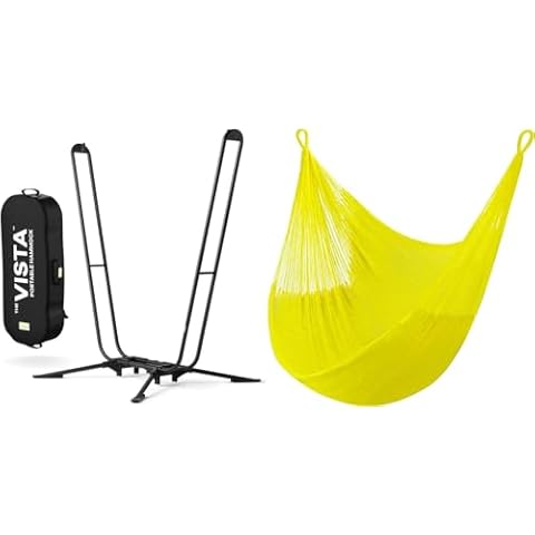Handwoven Hammock & Charcoal Vista Stand by Yellow Leaf Hammocks - Hanging Chair, Fits 1 Person, 330lb max - Weathersafe, Easy to Hang & Setup, Ultra Soft, Artisan Made - Hammock Color: Yellow Cover