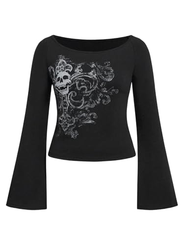 SOLY HUX Women's Plus Size Tops Y2k Gothic Graphic Tees Skull Print Scoop Neck Bell Long Sleeve T Shirt