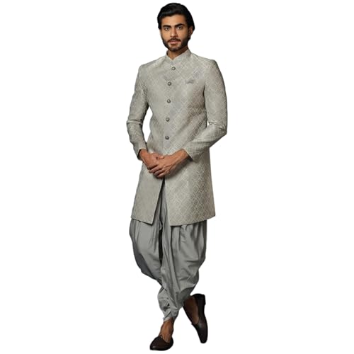 Men's Grey Jacquard Indowestern Sherwani & Dhoti Set – Regular Fit, Mandarin Collar | Indian Wedding & Festive Wear