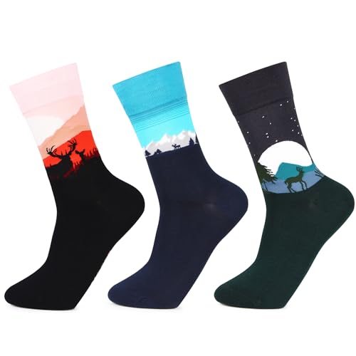Image of Bonjour Men's Seasonal Reindeer Trio Designer Socks ||Men's Bold Crew length socks || Socks for Men || Free Size Multicolor Calf Length Men Socks - Pack of 3