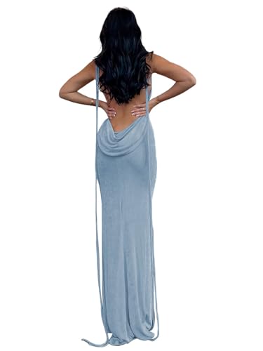 Volemo Damen-Sommerkleid, rückenfrei, figurbetont, Neckholder, Wasserfallkragen, Spaghettiträger, sexy, Cocktail-Party, Maxikleid, Blau, Klein