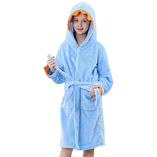 Image of MICHLEY Unisex Boys Girls Hooded Bathrobe Soft Fuzzy Toddler Cartoon Robe Animal Plush Sleepwear for Kids 3-13 Years