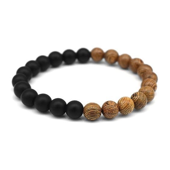 Image of Men's Beaded Bracelet | Matte Black & Natural Wooden Beads | Stretchable Elastic Wrist Band | Stylish Couple Bracelet | Daily Wear Fashion Jewelry for Men & Women