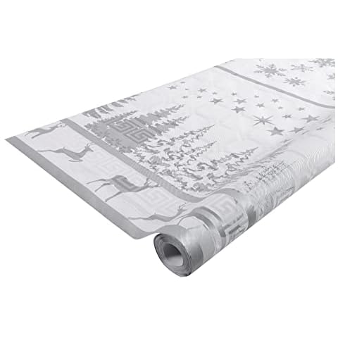Cogir - Ref R482582I - Pro Nappe Food Safe Contact Disposable Tablecloth Roll (Single Roll) - 1.2m Width x 25m Length, 100% Recycled Paper, Damask Pattern - Noel Silver Cover