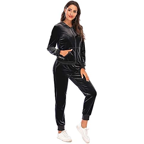 Orshoy Women Velour Tracksuit Casual Loungwear Long Sleeve Fleece Sweashirt Top and Bottom Joggers Set 2PCS Full Tracksuit Black M Cover