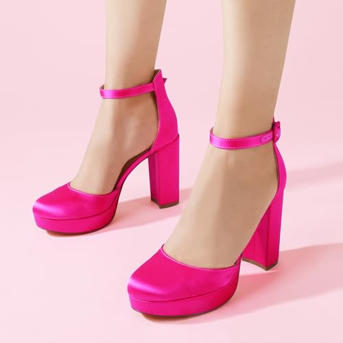 Image of Ankis Platform Closed Toe Heels for Women, Hot Pink Womens Heels Closed Round Toe Chunky Block Pumps Shoes, 4 Inch