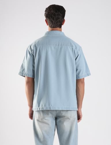 Image of INKD Men's Casual Denim Shirt - 100% Cotton | Half Sleeves | Oversized Fit | Single Patch Pocket | Resort Collar