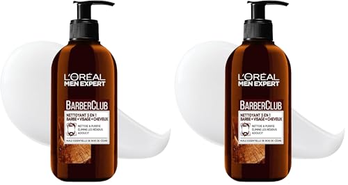 L'Oréal Men Expert - BarberClub - Limpiador 3 en 1 Barba Rostro Cabello Hombres - Con Aceite Esencial de Madera de Cedro - 200 ml (Paquete de 2)