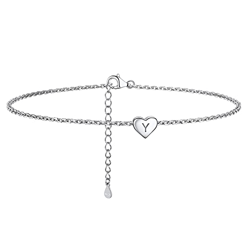 PROSILVER Women Initial Anklet Sterling Silver Heart Ankle Bracelet A-Z Letter, Adjustable Foot Chain for Beach Summer with Gift Box Y