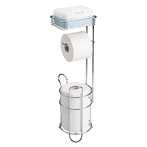 Mdesign Steel Metal Free Standing Toilet Paper Holder Stand And Dispenser With Storage Shelf - Toilet Tissue For Bathrooms, Washroom - Holds 2 Extra Mega Rolls - Concerto Collection - Chrome #TOP3