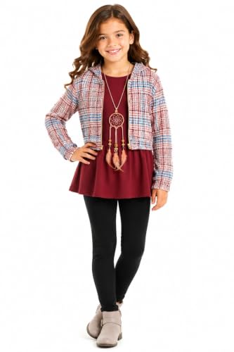Image of iGirlDress Girls 4 Pieces Pant Set Long Sleeve Jacket Necklace Floral Plaid Pant 4-16