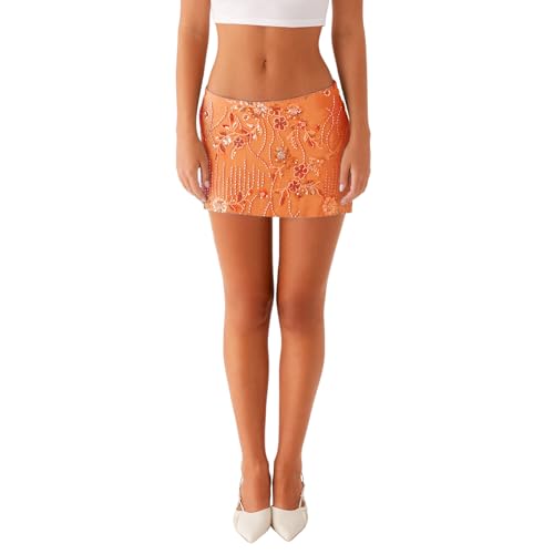 Women Sequin Short Skirt Beaded Flower Low Rise Mini Bodycon Skirt Trendy Summer Streetwear