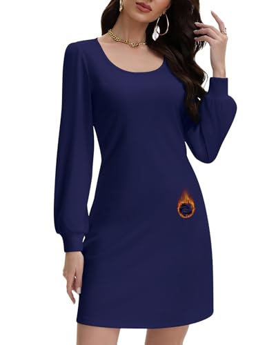 WOWENY Strickkleid Damen Elegant Langarm Warm Pulloverkleid Herbst Winter Puffärmel Kleid A-Linie Weich Lässig Kleider(Dunkelblau,M)