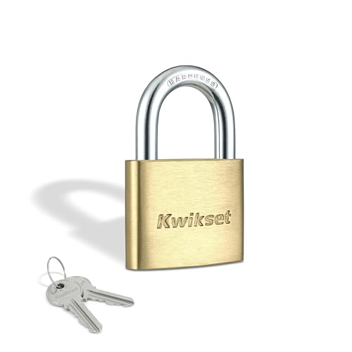 Kwikset Brass Padlock with Hardened Steel Shackle, Indoor Outdoor Cabinet and Storage Lock, 2 in Body, 1 in Shackle, 1 Pack, Brass