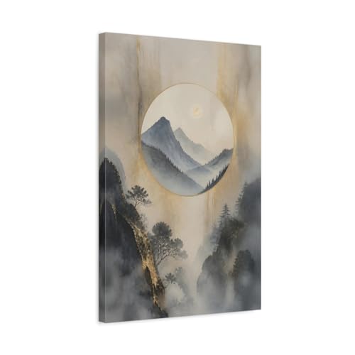 Tableau Misty Mountains Gold Toile Asiatique de 40x60 cm pour Déco Salon Verticale
