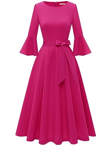 Image of HomRain Women's Church Dresses Modest Bell Sleeve Wedding Guest Cocktail Tea Party Vintage Evening Dress