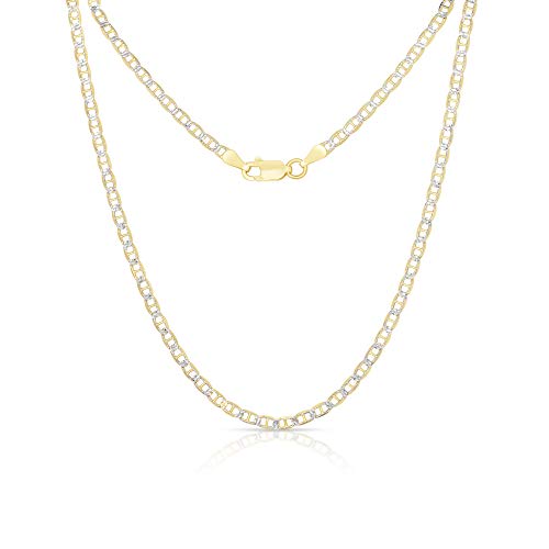 .925 14K Yellow Gold Plated Solid Marina Link Diamond-Cut White Pave Necklace Chains 2.6Mm – 6.3Mm, 16" - 30", Made In Italy (24, 2.6Mm) #TOP7