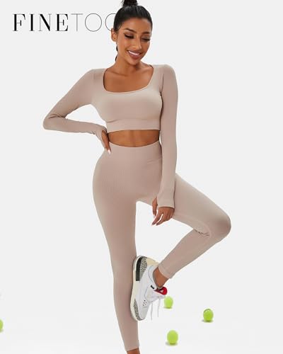 FINETOO Workout Sets for Women 2 Piece Long Sleeves Yoga Outfits Seamless Ribbed Crop Top High Waisted Legging (L)