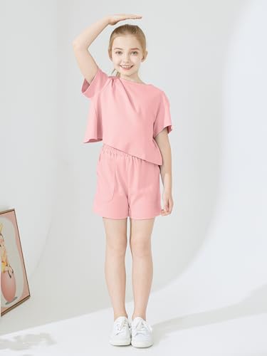 Image of Girls Clothing 2 Piece Summer Set Short Sleeve Tops Shirts Baggy Shorts with Pockets Fashion Outfits for Kids