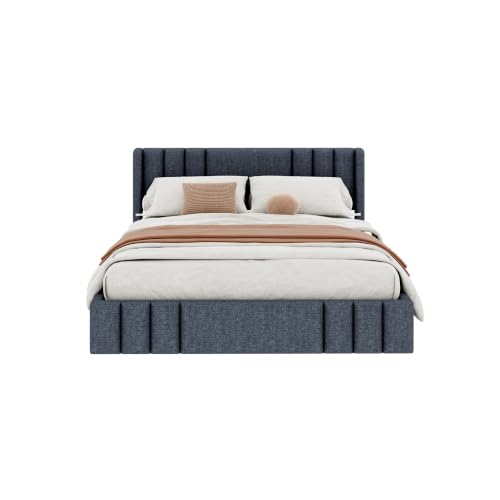 Image of Harper & Bright Designs Queen Size Upholstered Platform Bed with Wingback Headboard and Wooden Slats Support for Bedroom, Gray