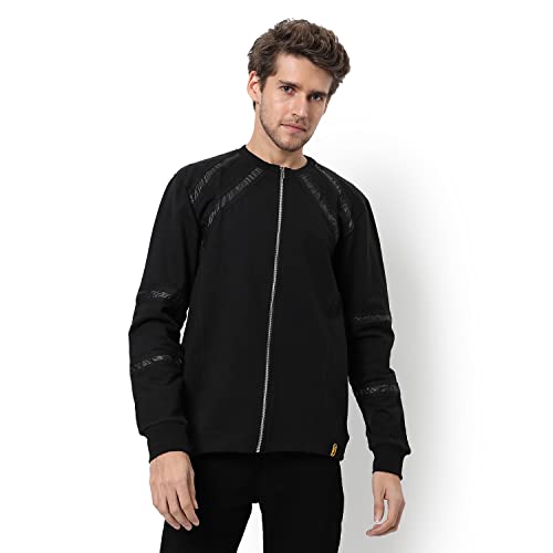 Image of Campus Sutra Men's Black Solid Regular Fit Cotton Jacket For Winter Wear | Round Neck Collar | Full Sleeve | Zipper | Casual Jacket For Man | Western Stylish Jacket For Men