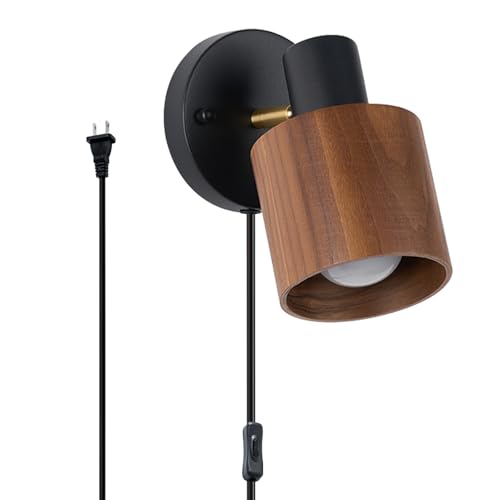 Image of Modern Black Plug-in Wall Lamp | Real Walnut Wood Shade, Adjustable Directional Lighting, Industrial Wall Sconce, For Bedroom, Living Room, Home Office