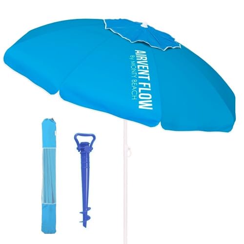 LOLAhome Sombrilla playa 200 cm y soporte arena, protección UV+50, sombrilla antiviento, varillas flexibles fibra vidrio, techo ventilación, mástil inclinable y regulable altura, bolsa transporte
